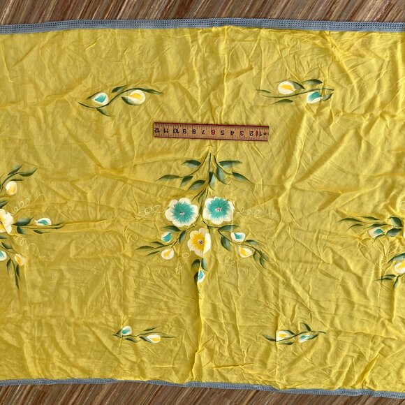 Yellow Silk Hand Painted Dupatta Large Shawl Wrap Flower Design Blue Trim 47x84" - Picture 2 of 7